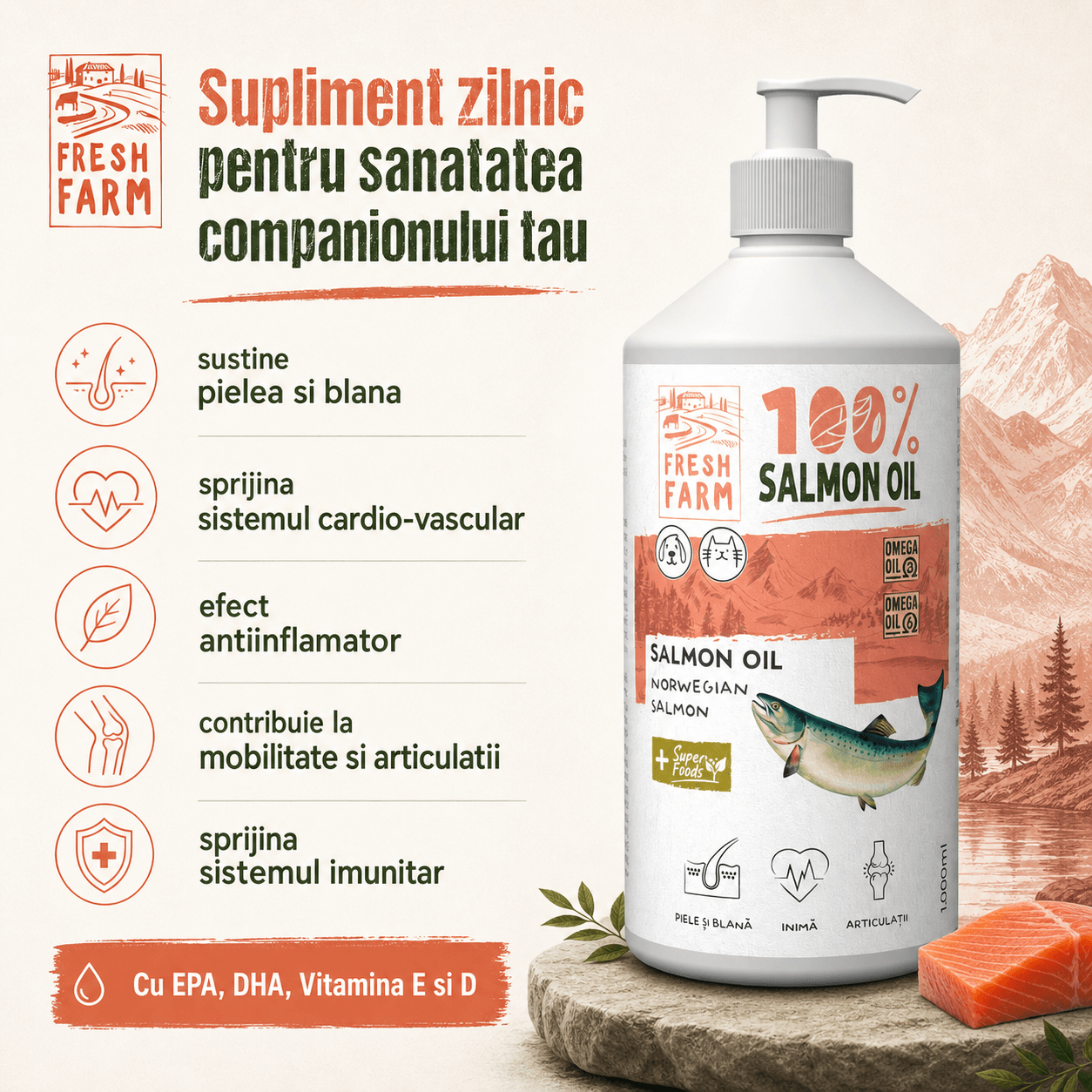 FRESH FARM Ulei de Somon, supliment piele & blană, sistem cardio-vascular câini, ulei FRESH FARM Ulei de Somon, XS-XL, supliment piele & blană, sistem cardio-vascular câini și pisici, flacon, 500ml ulei - poza 4