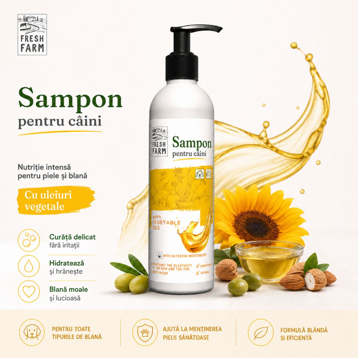 FRESH FARM Vegetable Oils, XS-XL, șampon câini, flacon, 250ml - poza 3