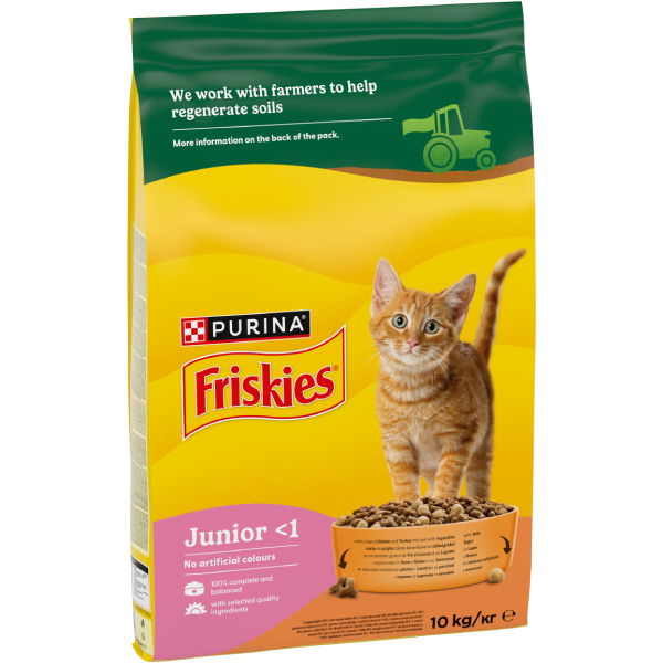 FRISKIES Hrană uscată JUNIOR Complete, cu Pui, Morcov şi bulete cu Lapte