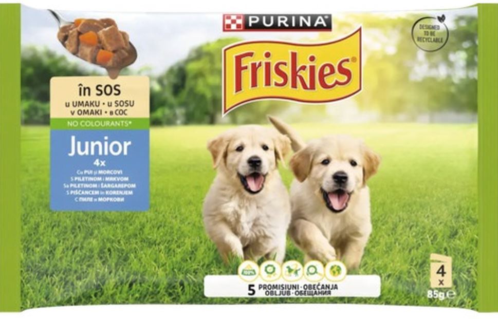 FRISKIES Plic hrană umedă pt căţei JUNOR, cu Pui şi Morcovi în aspic