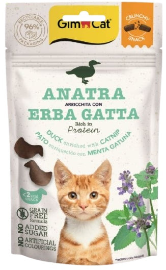 GIMCAT Crunchy SNACKS Recompense pentru pisici, cu Raţă şi iarba pisicii 50g