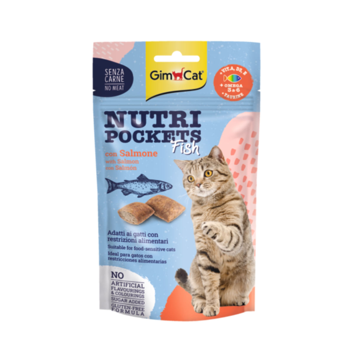 GIMCAT Nutri Pockets Fish, Pește și Somon, punguță recompense pisici, 60g - poza 1