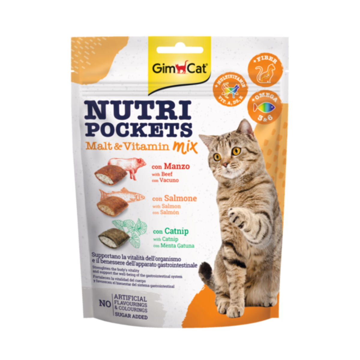 GIMCAT Nutri Pockets Malt & Vitamine Mix, Catnip, Vițel și Somon, punguță recompense funcționale pisici, 150g - poza 1