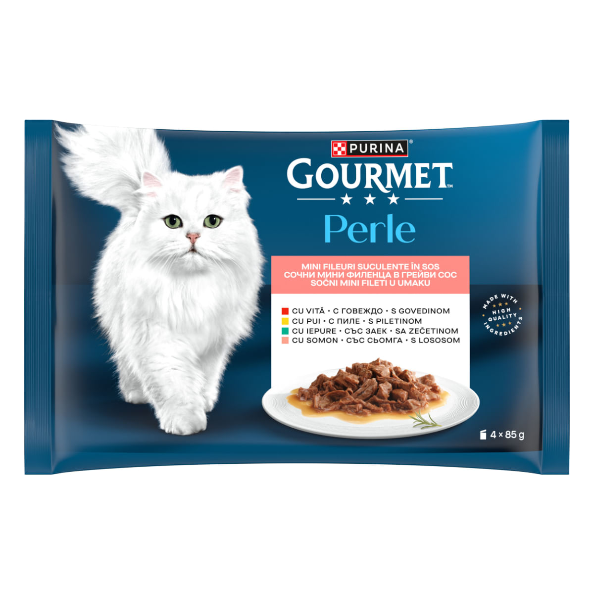 GOURMET Perle Vită, Pui, Iepure, Somon, plic hrană umedă pisici, (în sos), multipack, 85g x 4buc - poza 2