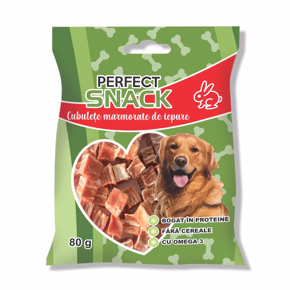 Hrana complementara pentru caini, Perfect Snack, cubulete marmorate de iepure, 80 g