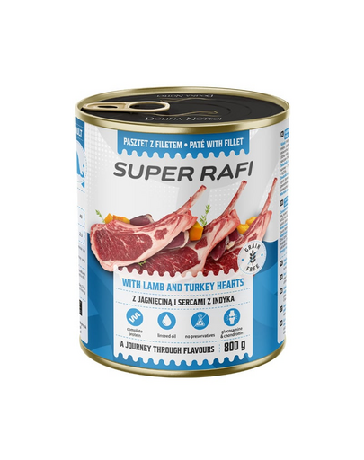 Hrană umedă câini pate RAFI Super 800 g miel și inimi de curcan