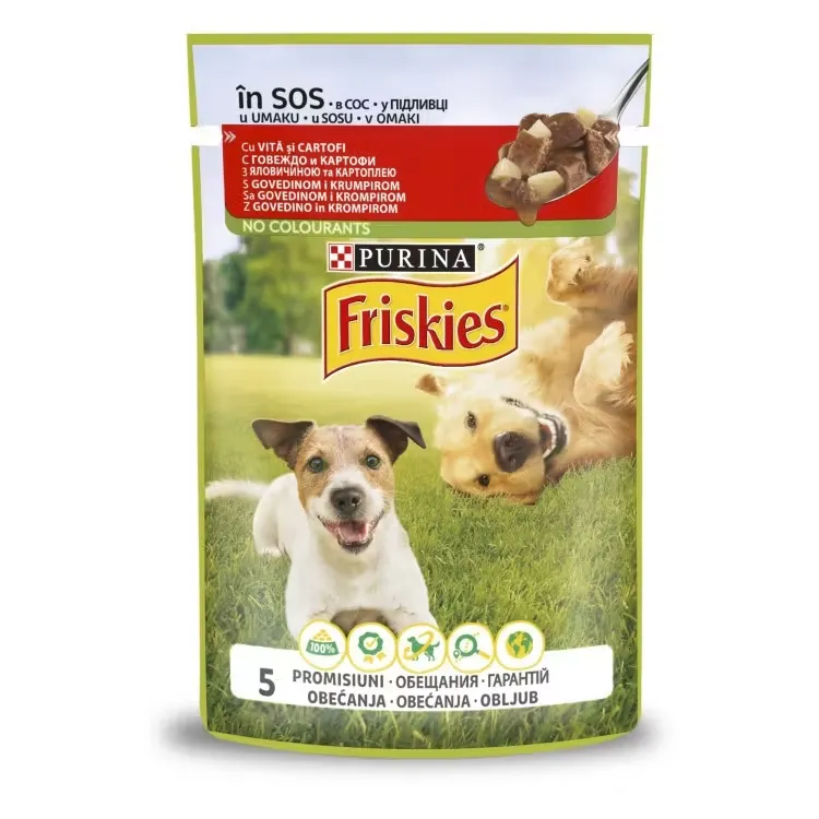 Hrana umeda pentru caini Friskies Adult cu vita cartofi 85 gr
