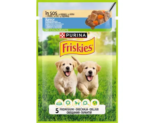 Hrana umeda pentru caini Friskies Junior cu pui mazare 85 gr