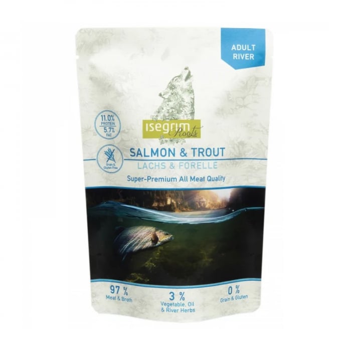 Hrana umeda pentru caini Isegrim Adult River cu somon pastrav 410 gr