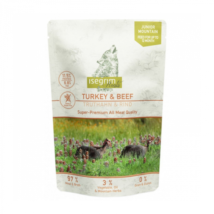 Hrana umeda pentru caini Isegrim Junior Mountain cu curcan vita 410 gr