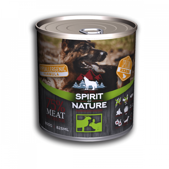 Hrana umeda pentru caini Spirit of Nature, Miel si iepure, Hipoalergenic, 800g
