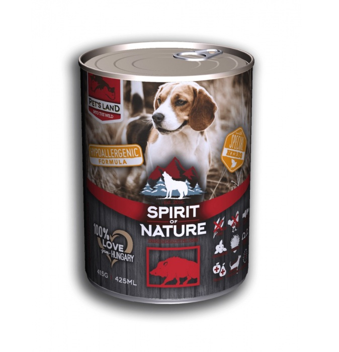Hrana umeda pentru caini Spirit of Nature, Mistret, Hipoalergenic, 75% carne, 6 x 415g