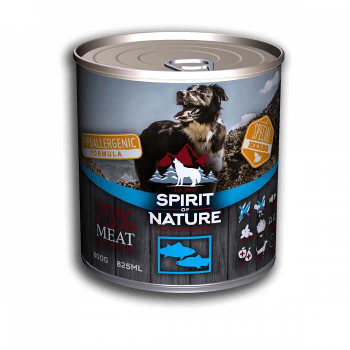 Hrana umeda pentru caini Spirit of Nature, Somon si ton, Hipoalergenic, 6 x 800g