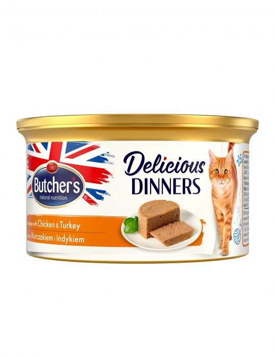 Hrana umeda pentru pisici Butcher s Delicious Dinner, Mousse cu pui si curcan, 85g
