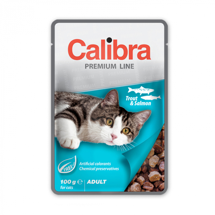 Hrana umeda pentru pisici Calibra Premium Line cu pastrav somon 100 gr