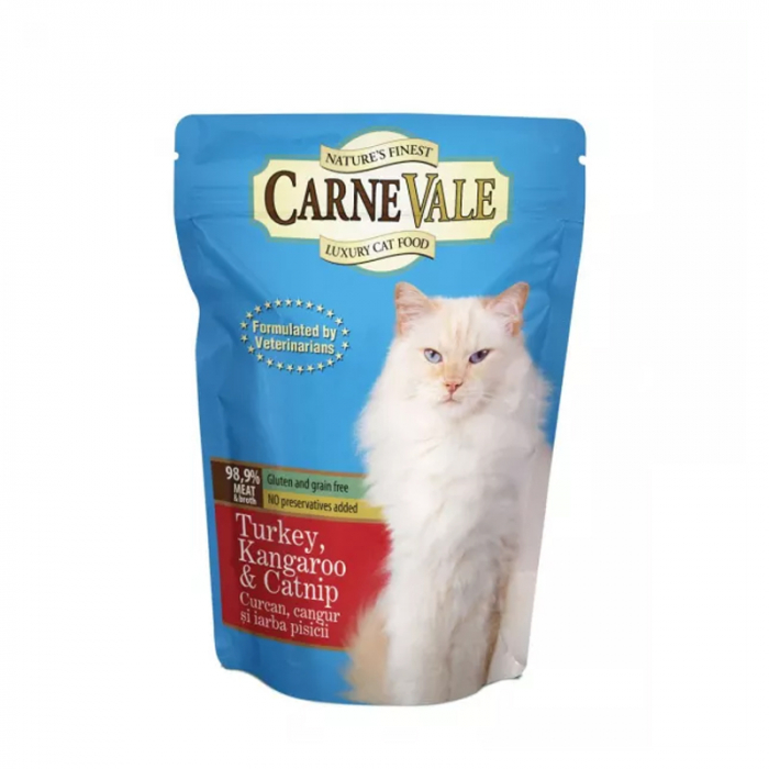 Hrana umeda pentru pisici Carnevale cu curcan, cangur iarba pisicii 85 gr