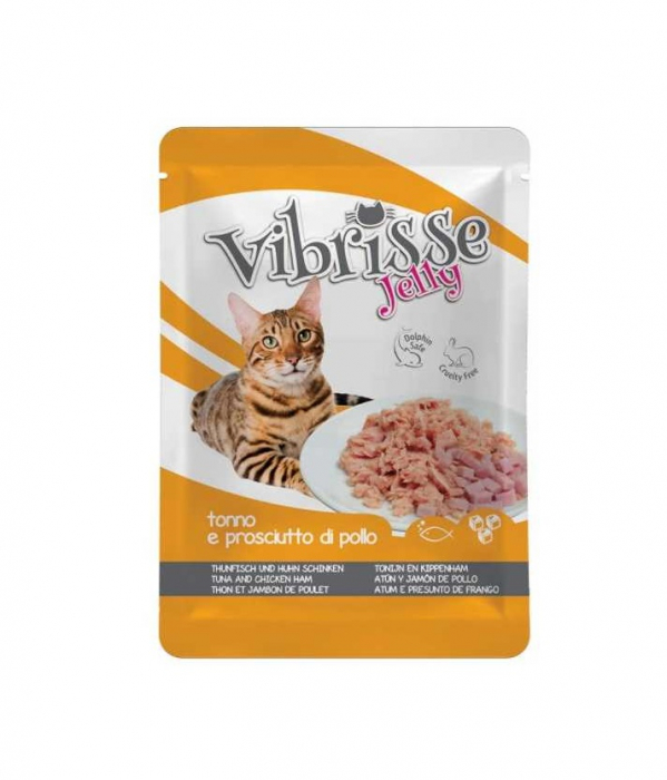 Hrana umeda pentru pisici Croci Vibrisse, Ton si sunca de pui in aspic, 70g