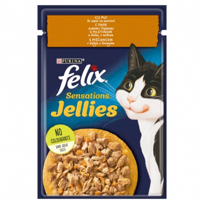 Hrana umeda pentru pisici Felix Sens Jellies cu pui morcov 85 gr