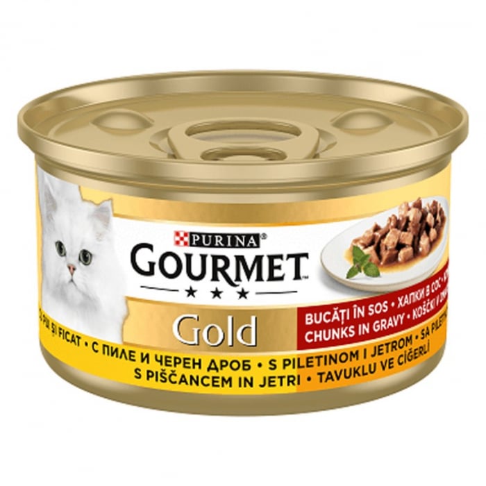 Hrana umeda pentru pisici Gourmet Gold cu pui ficat in sos 85 gr