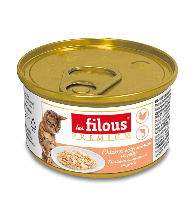 Hrana umeda pentru pisici Les Filous, File de pui si somon in jeleu, 6 x 85g