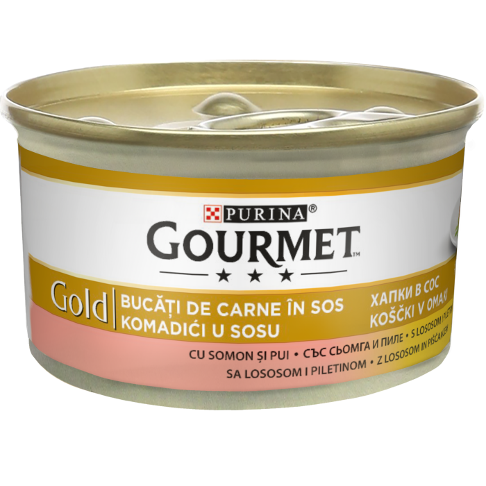 Hrana umeda pentru pisici Purina Gourmet Gold, Pui si somon in sos, 24 x 85g