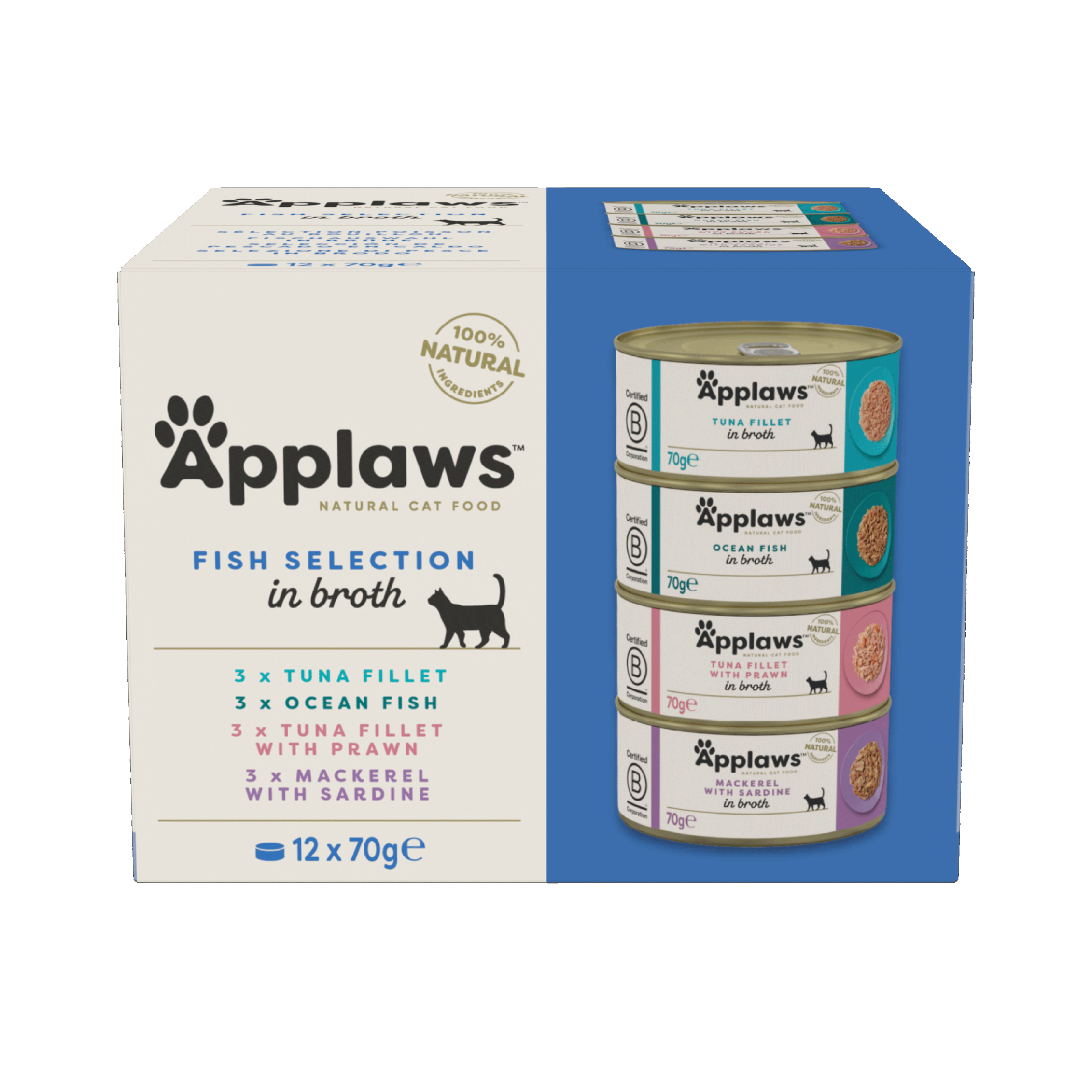 Hrana umeda pisici, Applaws Cat Adult Selectie Peste, Multipack Conserve, 12 x 70 g
