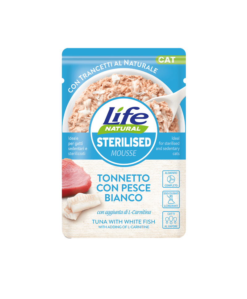 Hrana Umeda Pisici, Life Natural Sterilizat Mousse Ton si Peste Alb, 70 g