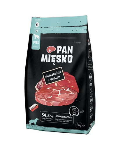 Hrană uscată câini adulți hipoalergenică PAN MIĘSKO 3kg porc mistreț XL