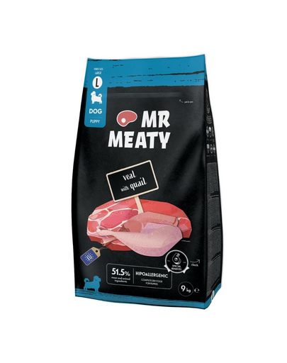 Hrană uscată căței digestie sensibilă vițel și prepeliță MR MEATY Puppies 9 kg