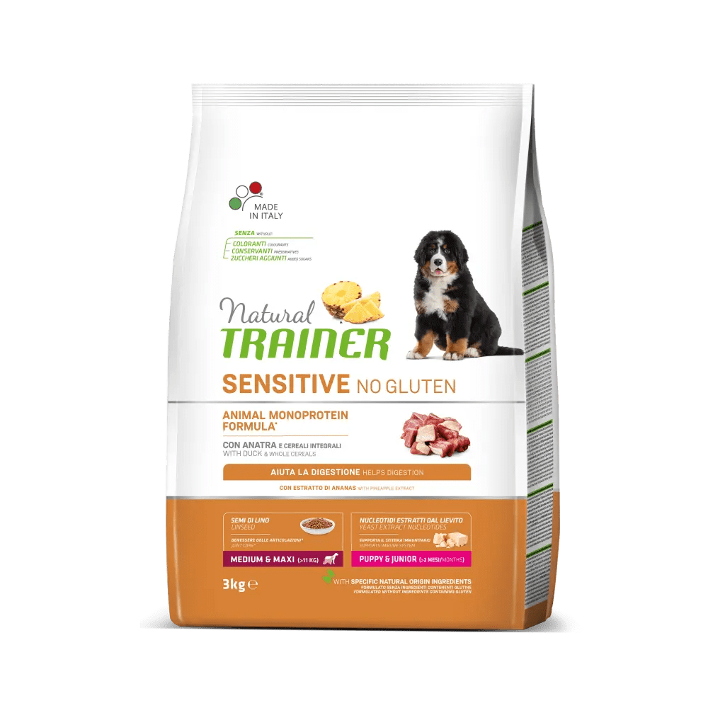Hrana Uscata Catei, Natural Trainer, Sensitive No Gluten Medium-Maxi Puppy & Junior, Rata, 3 kg