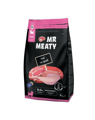 Hrană uscată căței talie mică XS vițel și prepeliță MR MEATY Puppies 9 kg