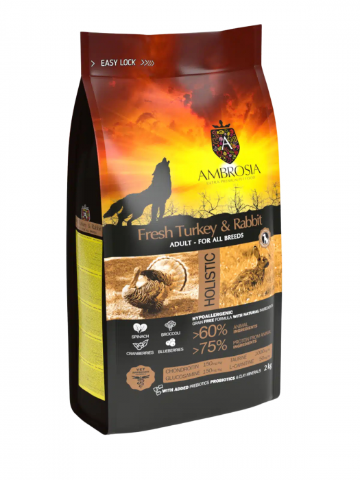 Hrana uscata pentru caini Ambrosia Adult, Curcan si iepure, hipoalergenic, fara cereale, 2kg