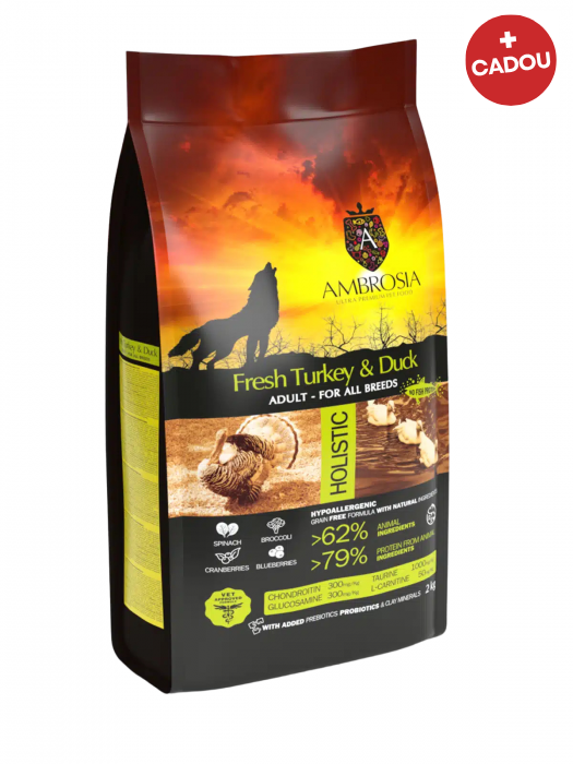 Hrana uscata pentru caini Ambrosia Adult, Curcan si rata, hipoalergenic, fara cereale, 12kg