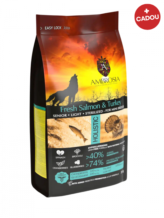 Hrana uscata pentru caini Ambrosia Adult Mini Senior Steril, Somon si curcan, hipoalergenic, fara cereale, 5kg