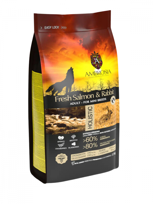 Hrana uscata pentru caini Ambrosia Adult Mini, Somon si iepure, hipoalergenic, fara cereale, 1.5kg