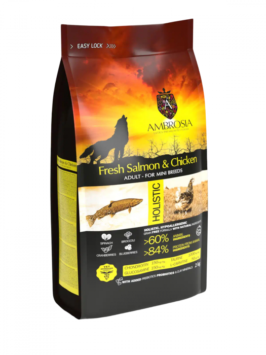 Hrana uscata pentru caini Ambrosia Adult Mini, Somon si pui, hipoalergenic, fara cereale, 2kg