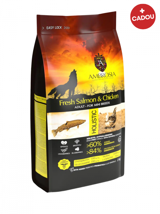Hrana uscata pentru caini Ambrosia Adult Mini, Somon si pui, hipoalergenic, fara cereale, 6kg