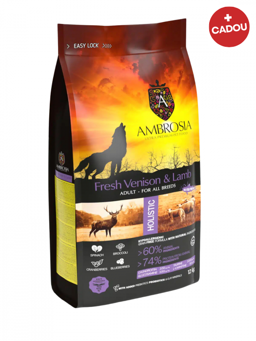 Hrana uscata pentru caini Ambrosia Adult, Vanat si miel, hipoalergenic, fara cereale, 12kg