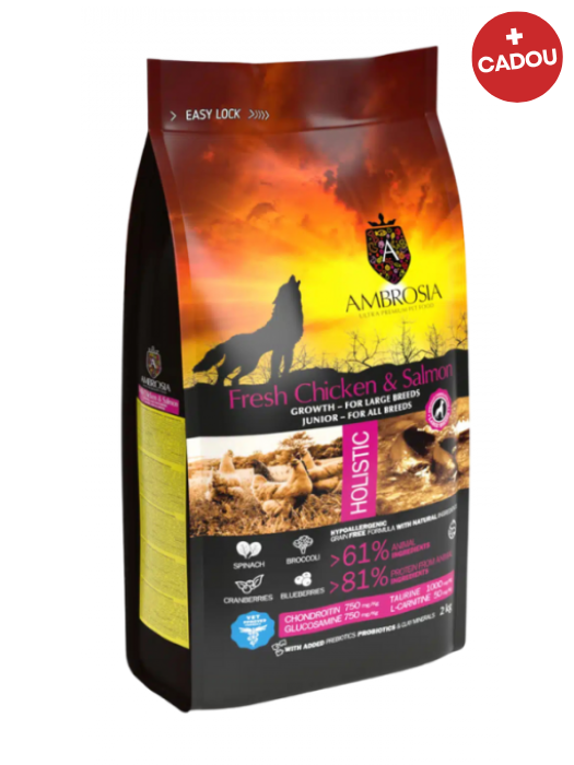 Hrana uscata pentru caini Ambrosia Junior, Pui proaspat si somon, hipoalergenic, fara cereale, 12kg