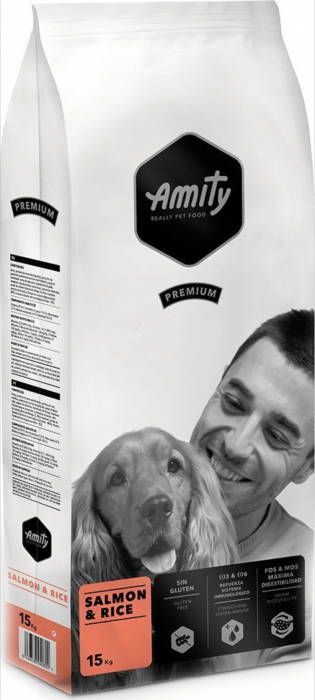 Hrana uscata pentru caini Amity Premium Adult, Somon si orez 15 kg