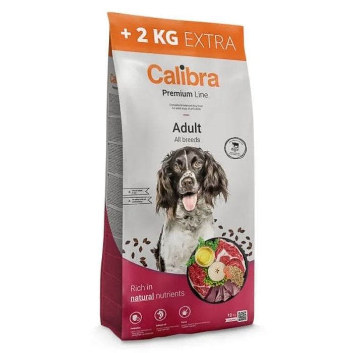 Hrana uscata pentru caini Calibra Premium Line Adult cu vita 12 + 2 kg gratis