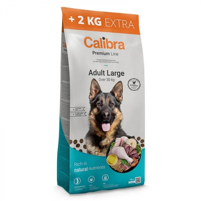 Hrana uscata pentru caini Calibra Premium Line Adult Large Breed cu pui 12 + 2 kg gratis