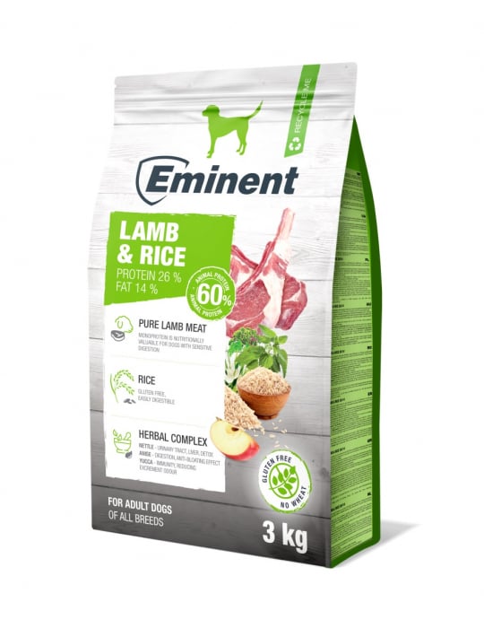 Hrana uscata pentru caini Eminent Adult, fara gluten, miel si orez, 3kg