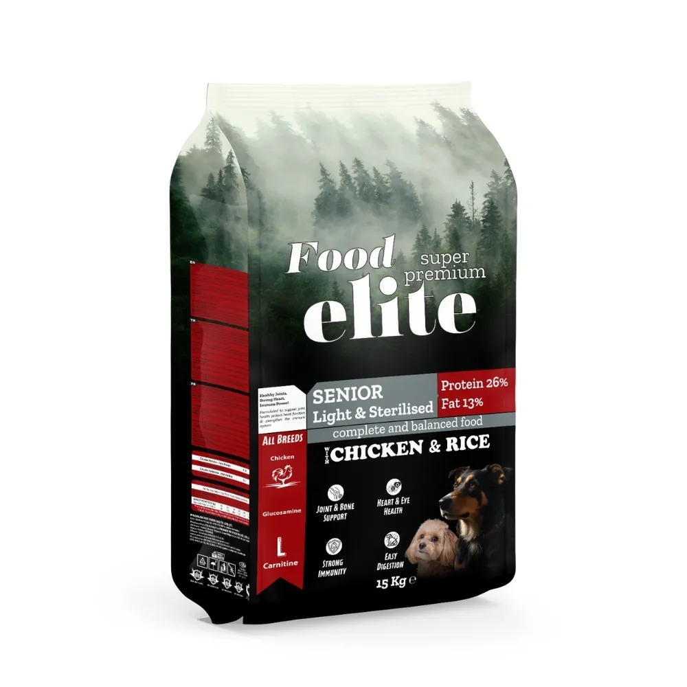 Hrana uscata pentru caini Food Elite Senior Light Sterilised cu pui orez 15 kg