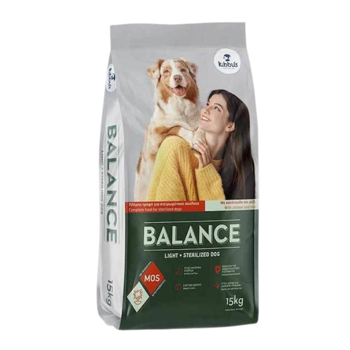 Hrana uscata pentru caini Kibbus Balance Light Sterilized, Pui si orez, 15 kg