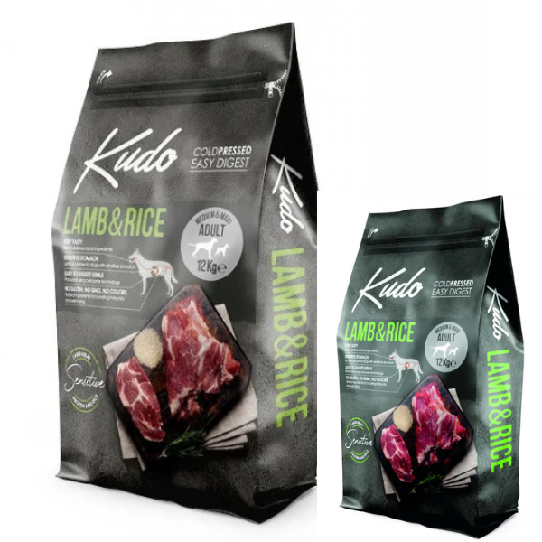 Hrana uscata pentru caini Kudo Adult Medium-Maxi Sensitive cu miel 12 kg + 3 kg Hrana uscata Kudo cu miel