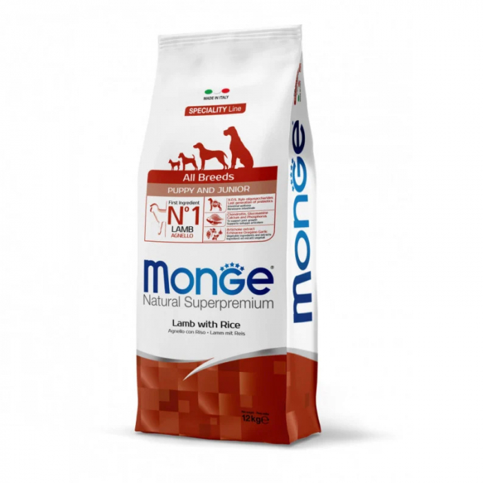 Hrana uscata pentru caini Monge Natural Superpremium Puppy Junior All Breeds cu miel 12 kg