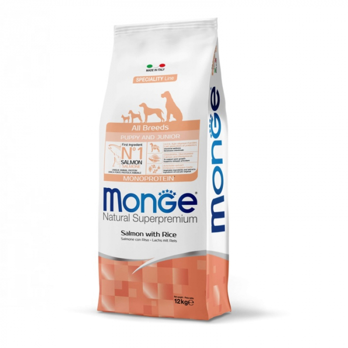Hrana uscata pentru caini Monge Natural Superpremium Puppy Junior All Breeds cu somon 12 kg
