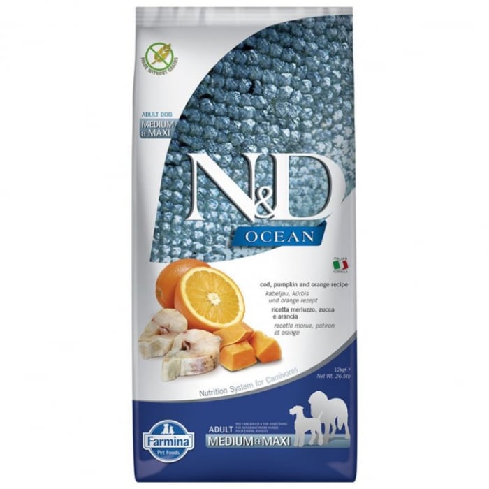 Hrana Uscata Pentru Caini ND, Healthy Grain, Ocean Adult Medium Maxi, Cod, Alac, Ovaz Si Portocale, 12 Kg