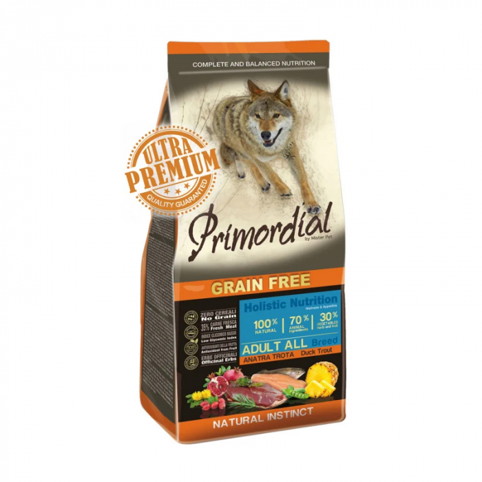 Hrana uscata pentru caini Primordial Grain-Free cu rata pastrav 12 kg